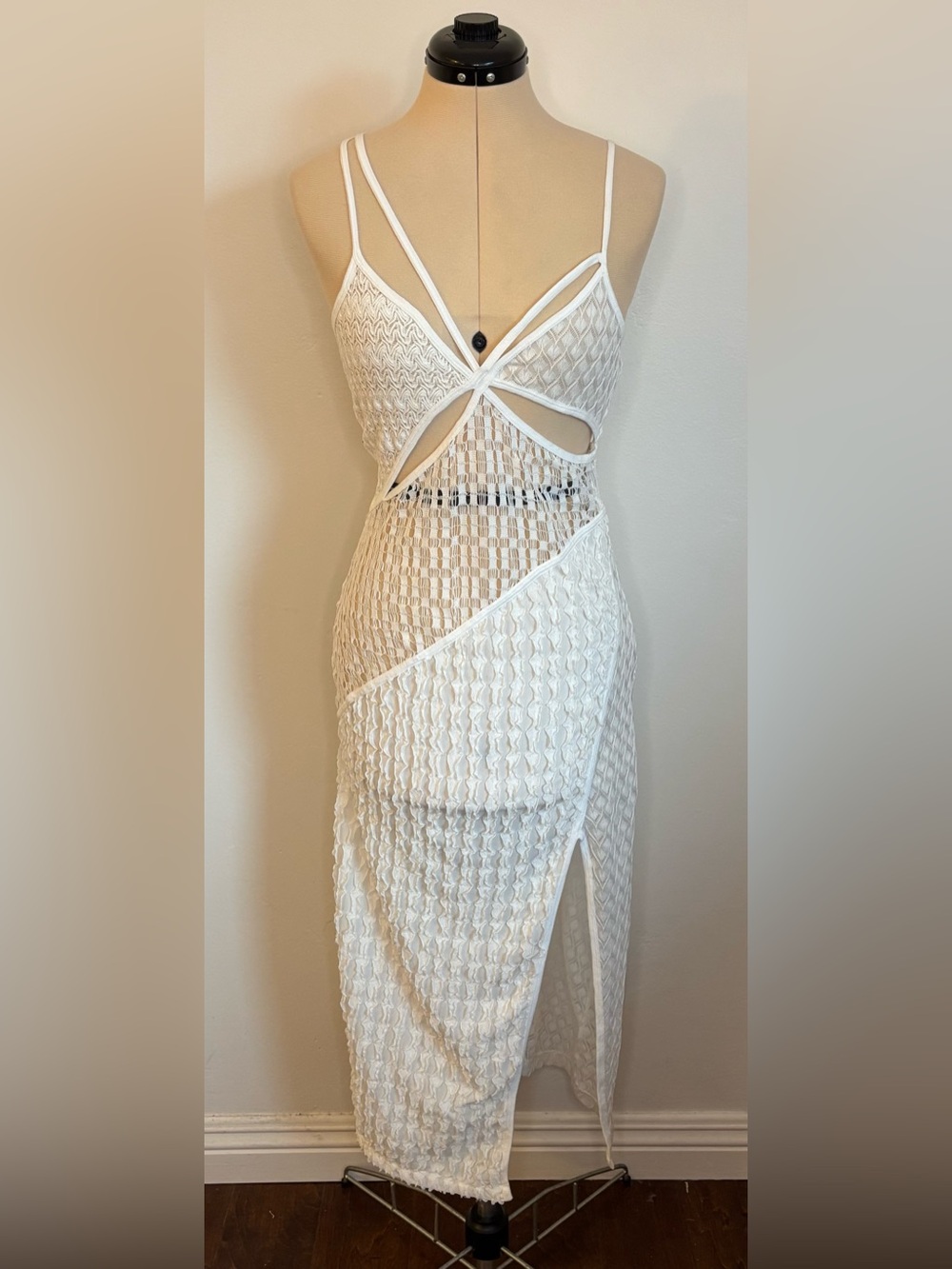 For Love & Lemons Tracy Knit Cutout Midi Dress in White, Boho Crochet Coverup, S
